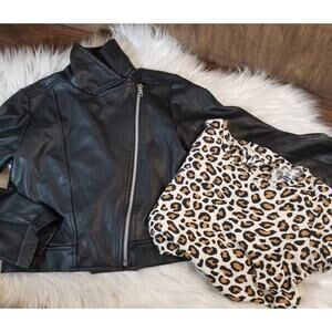 Girls Sz S 6-6x Faux Leather Moto Jacket Black Leopard Print Short Sleeve Tshirt